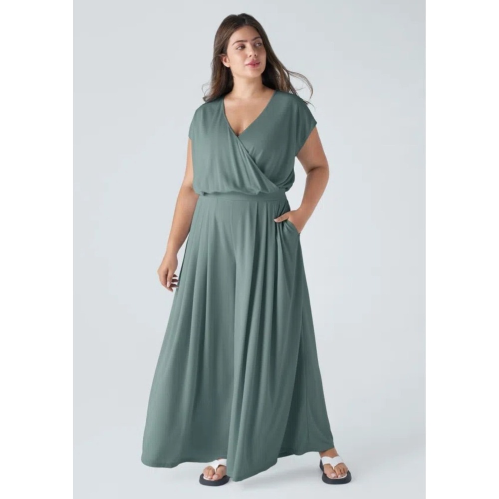 Halara Sage Green Waffle Knit Surplice‎ V-Neck Ultra Wide Leg Jumpsuit XL